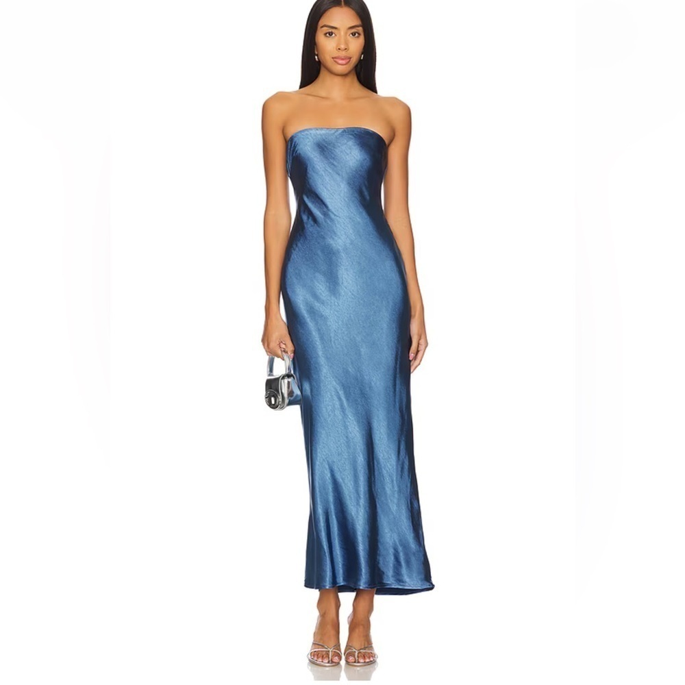 More To Come Emma Strapless Maxi Dress Navy Blue satin slip Revolve L